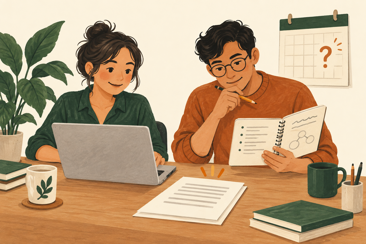 Dua rekan kerja membandingkan draft di laptop dengan catatan rapat; kalender bertanda tanya menggambarkan tenggat yang belum disepakati.